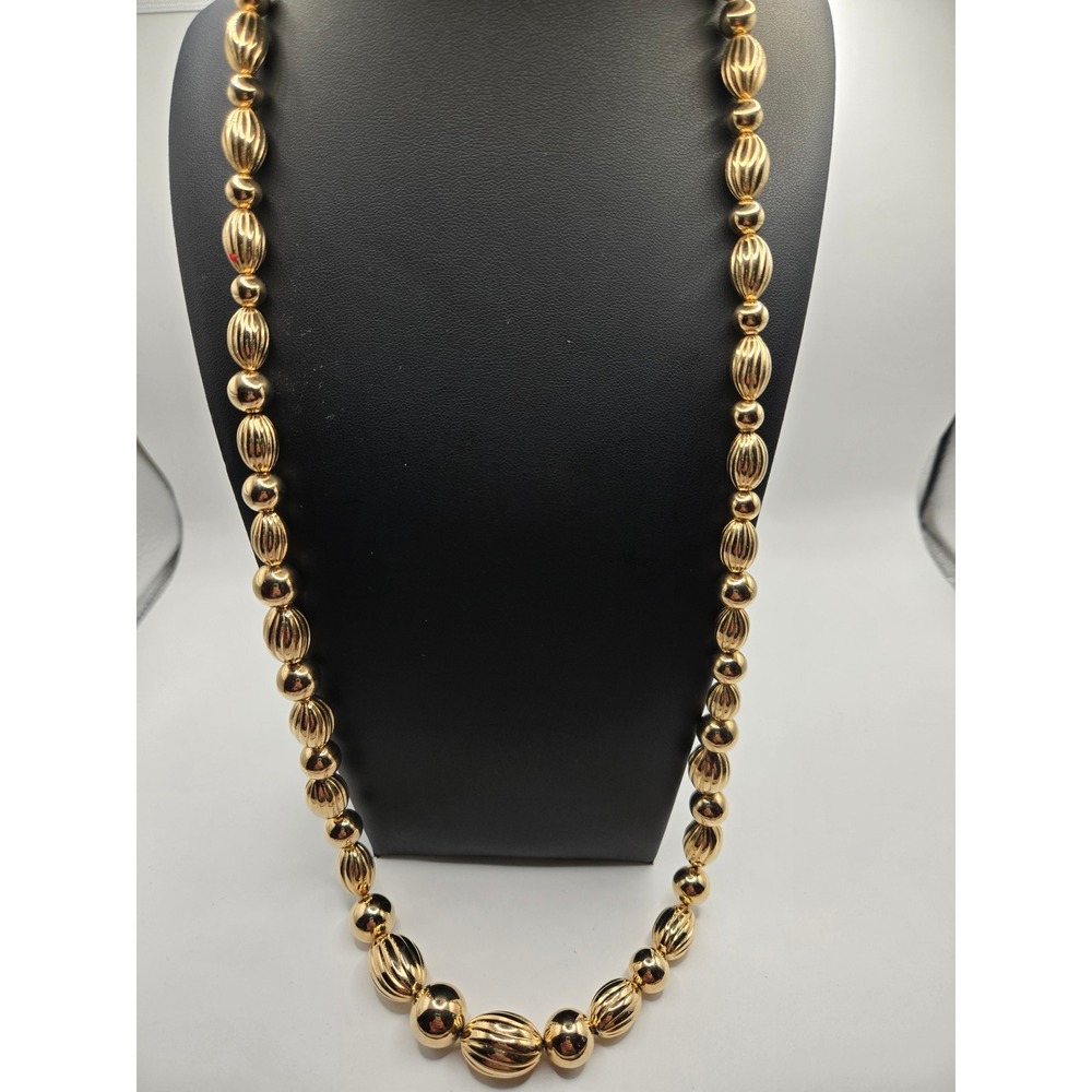 Vintage Gold Tone Fluted and Smooth Bead Strand Necklace 30 Inch Statement